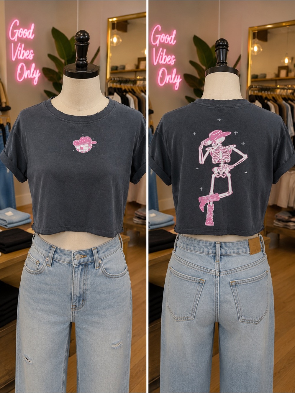 Darling Washed Black Crop Tee with Pink Skeleton Graphic